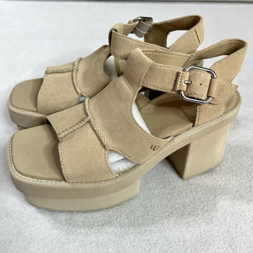 UGG New Heights Platform T-Strap Sandals Suede Sand 4 Inch Heels Size 8.5 NWOB